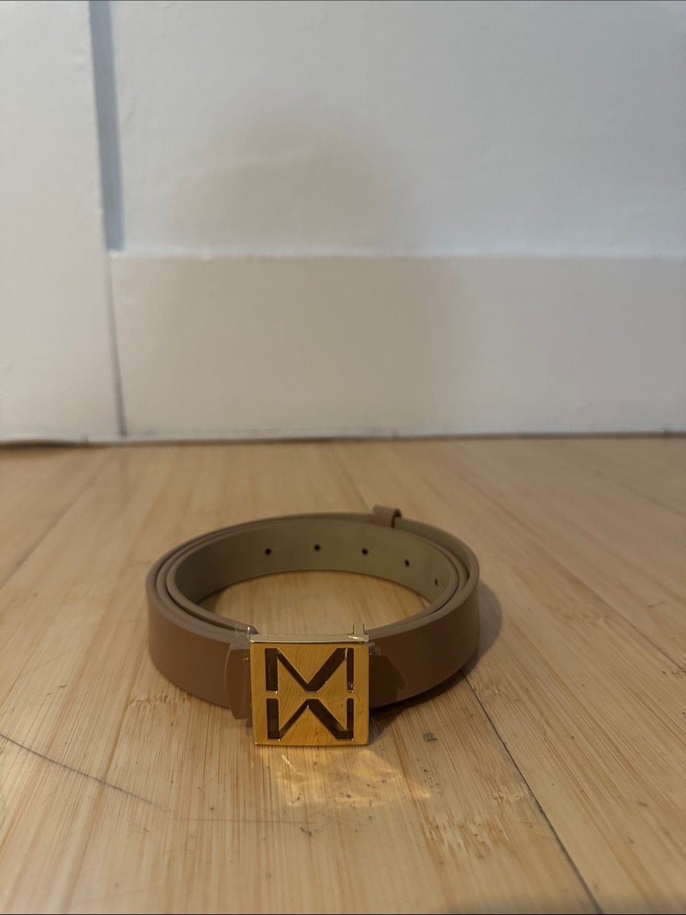Women's Tan Pure Leather Belt with Gold Square Logo Buckle